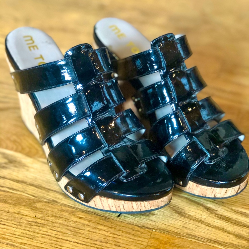 MeToo Black Patent +Cork Wedge. Size 8.5
